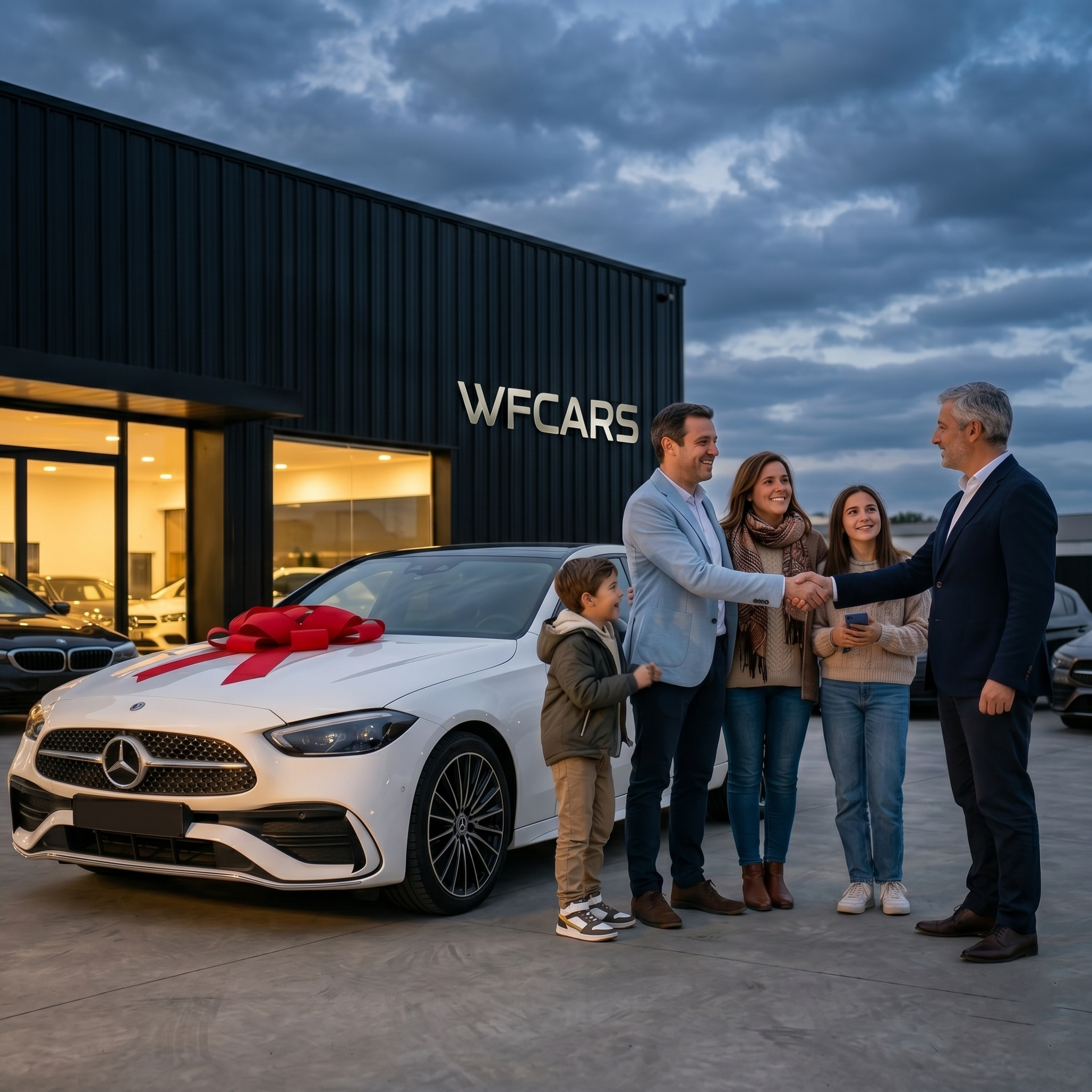Entrega de uma viatura WFCars — família a receber as chaves no showroom